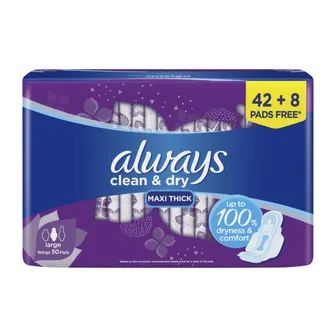 Always | Clean & Dry Maxi Thick Large Sanitary Pads with Wings | 50 Pads