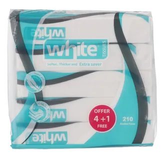 White | facial tissues | 210 tissues | 5 packs